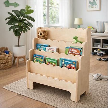 Doğal ahşap kitaplık 4 raflı